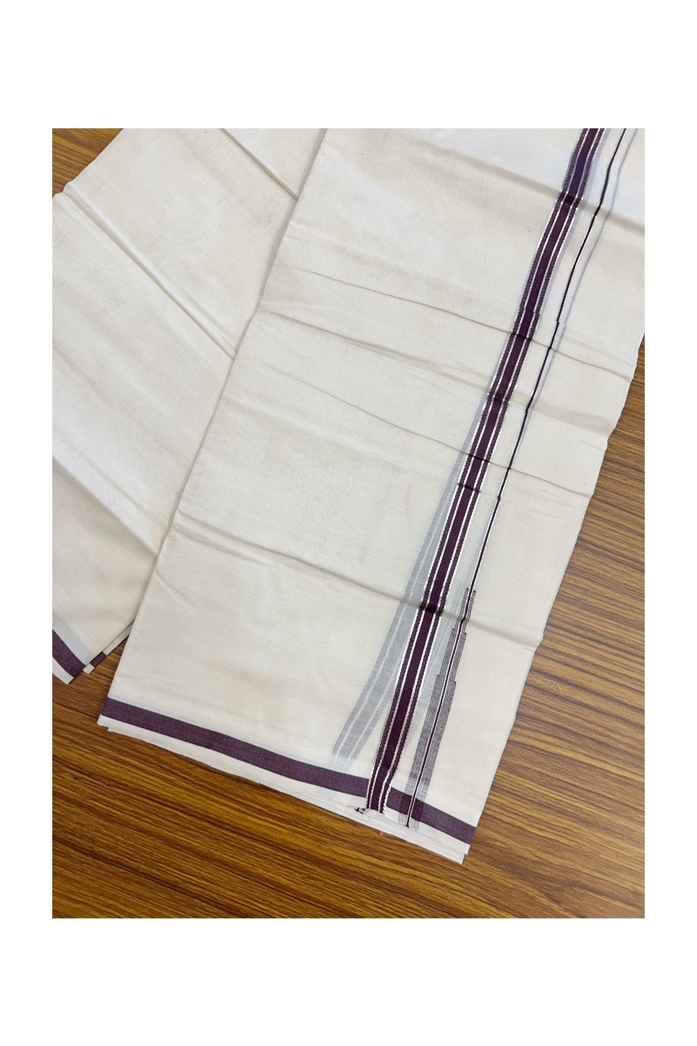 20% Discount ! KaithariKada Balaramapuram 100% Cotton Double OFF WHITE - (Unbleached) - Mundu / Dhoti- 100x80 - 1.5 cm Silver kasavu Wine Purple Puliyilakkara chutty - 34KK5213 VIN