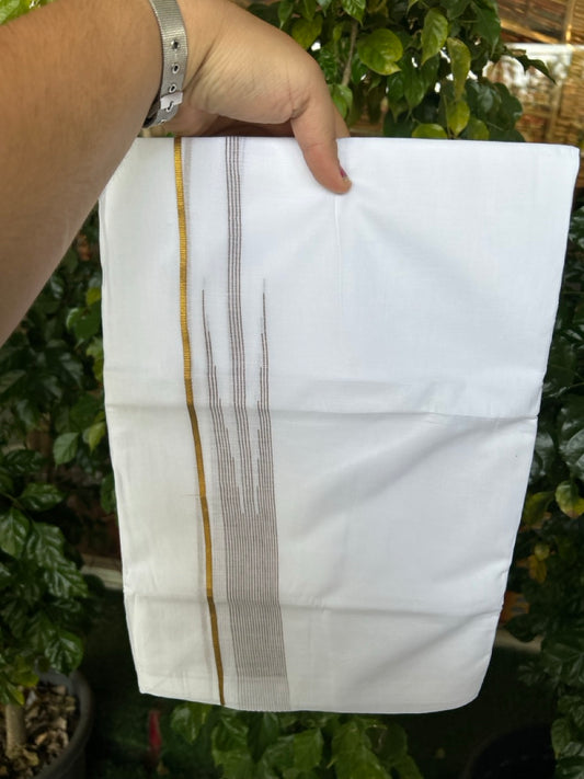 24% Discount! KaithariKada Balaramapuram 100% Cotton Pure white Double Mundu/Dhoti - (100x80)s - 1.5 inch Puliyilakkara Brown Stripes Chutty Gold Kasav - 35 KK5258 THI