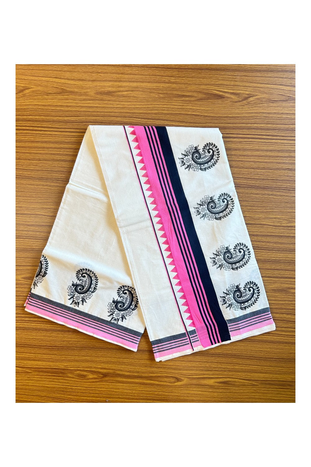 25% Discount! Kaitharikada Kerala Cotton Saree Off white -  Zari Pink Black Mango Design with Temple 12 inch Kara- 35KK303VIN