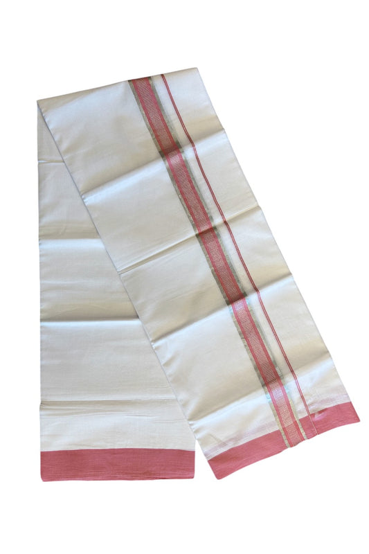 24% DISCOUNT!! Kaitharikada Balaramapuram 100% Cotton PURE WHITE Double Mundu/Dothi-100x80 - 2 Inch Pink & Silver Striped Cotton Kara - 35KK5067KK