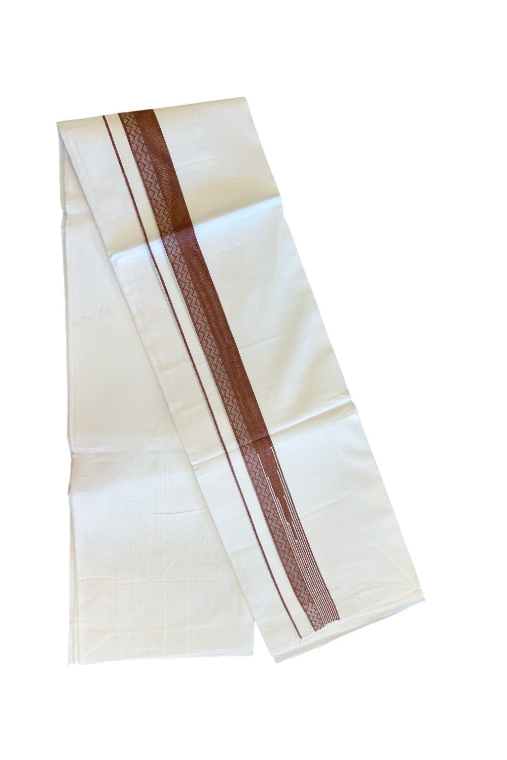 20% DISCOUNT!! Kaitharikada Balaramapuram 100% Cotton PURE WHITE Double Mundu/Dothi - 80X90 - 1.5 Inch Walnut Brown design Kara 3.70 m (8 Muzham) - 54KK5115THI