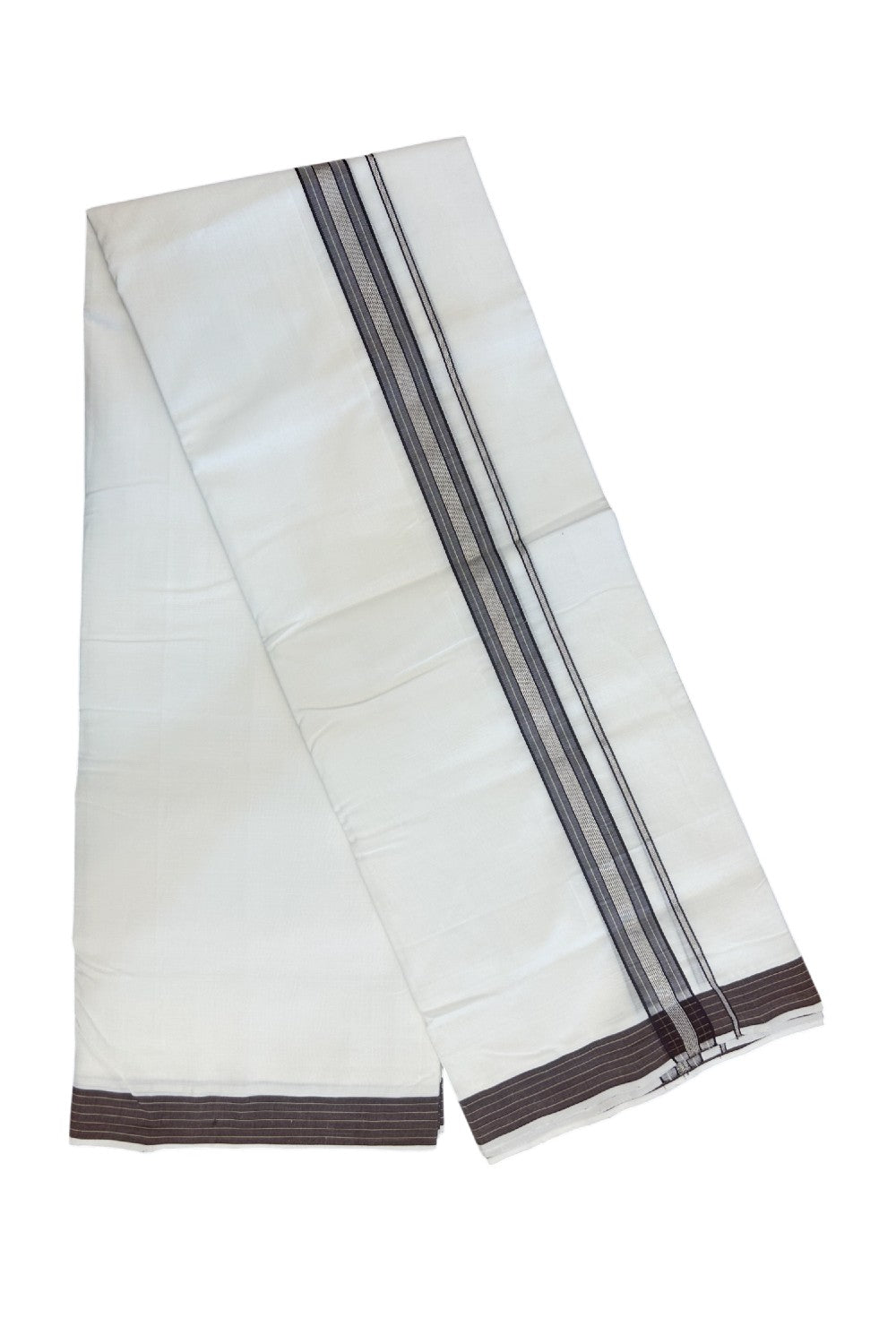25% Discount! NEW ULTRA PURE WHITE HANDLOOM Balaramapuram - 100% Mercerised Cotton Double Mundu/Dhoti - 120(Twisted) x 80 - 1.25 inch Silver Kasavu Chocolate Brown shaded Sand brown striped Kara - 36KK5167REA