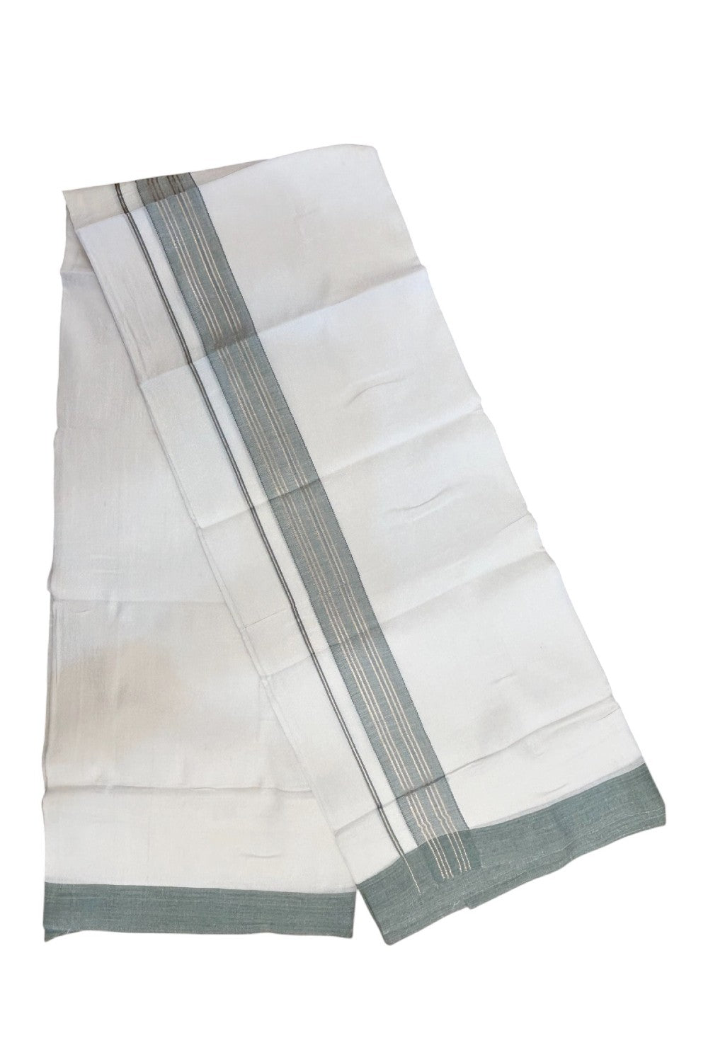 Linen Dhoti NEW! 20% Discount from Kaitharikada.com - Double Mundu/Dhoti 80x90 Thread PURE WHITE - Pure Cotton + Linen -1.75 Inch Sea Green & Silver Striped Kara - 35KK5174THI