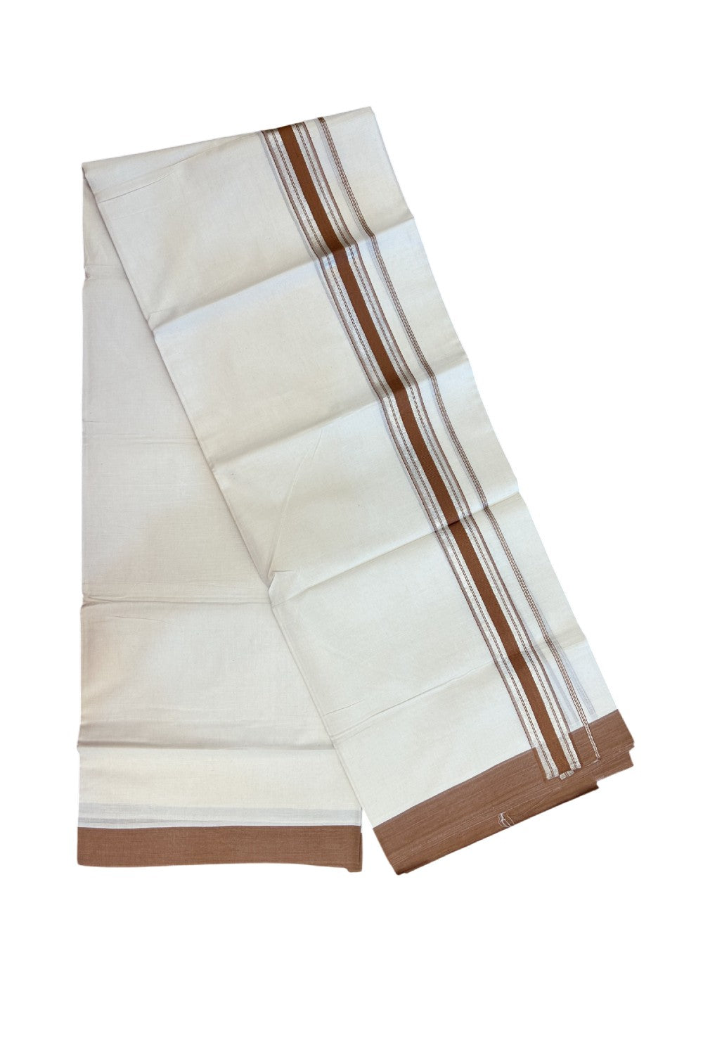 20% DISCOUNT !! KaithariKada Balaramapuram 100% Pure Cotton Double Off white - (Unbleached) Mundu/Dhoti-100x100 - 1.5 inch Puliyilakkara Silver Kasavu Brown Shaded Stripes Kara - 34KK5186CKS
