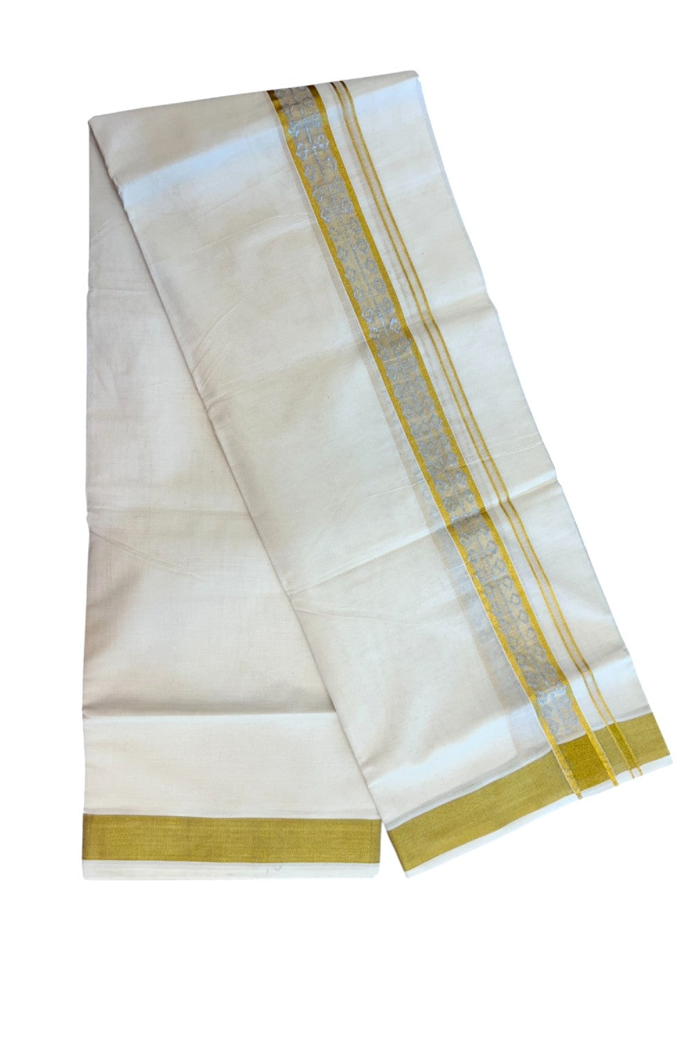 22% Discount!! KaithariKada Balaramapuram 100% Cotton DOUBLE OFF WHITE - (Ubleached) Mundu/Dhoti - 80x90 - 1.5 inch Gold Kasavu with Silver Printed Design Kara - 35KK5219 GAN