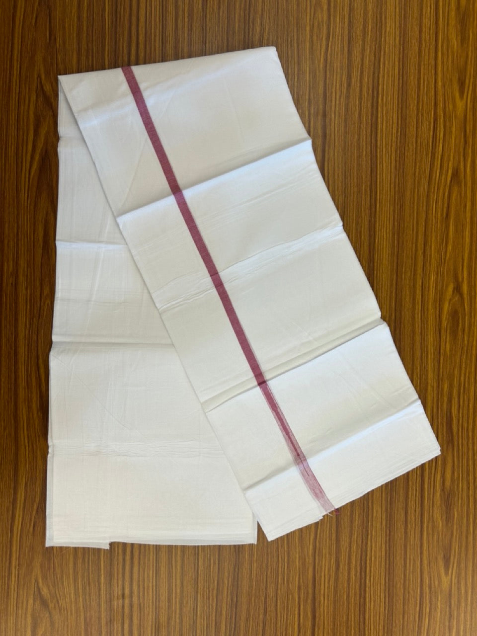 20% DISCOUNT!! NEW!! KaithariKada Balaramapuram 100% Cotton PURE WHITE Double Mundu/Dhoti - (100x80)s - 0.5 inch Dark Magenta Kara chutty - 35 KK5249 VIN