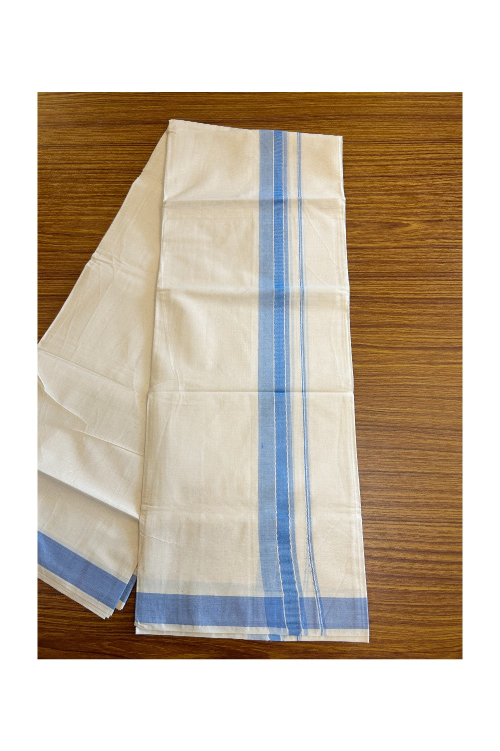 21% DISCOUNT ! KaithariKada Balaramapuram 100% Cotton Double Off white (Unbleached) Mundu/Dhoti-100X100- 2.25 inch SKY BLUE & WHITE KARA Kara-1KK76MC .