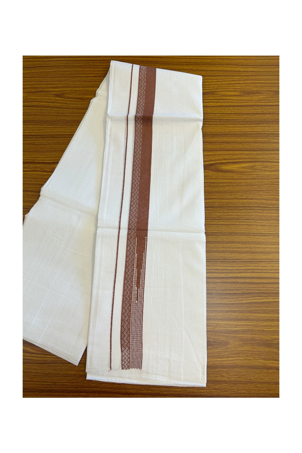 20% DISCOUNT!! Kaitharikada Balaramapuram 100% Cotton PURE WHITE Double Mundu/Dothi - 80X90 - 1.5 Inch Walnut Brown design Kara 3.70 m (8 Muzham) - 54KK5115THI