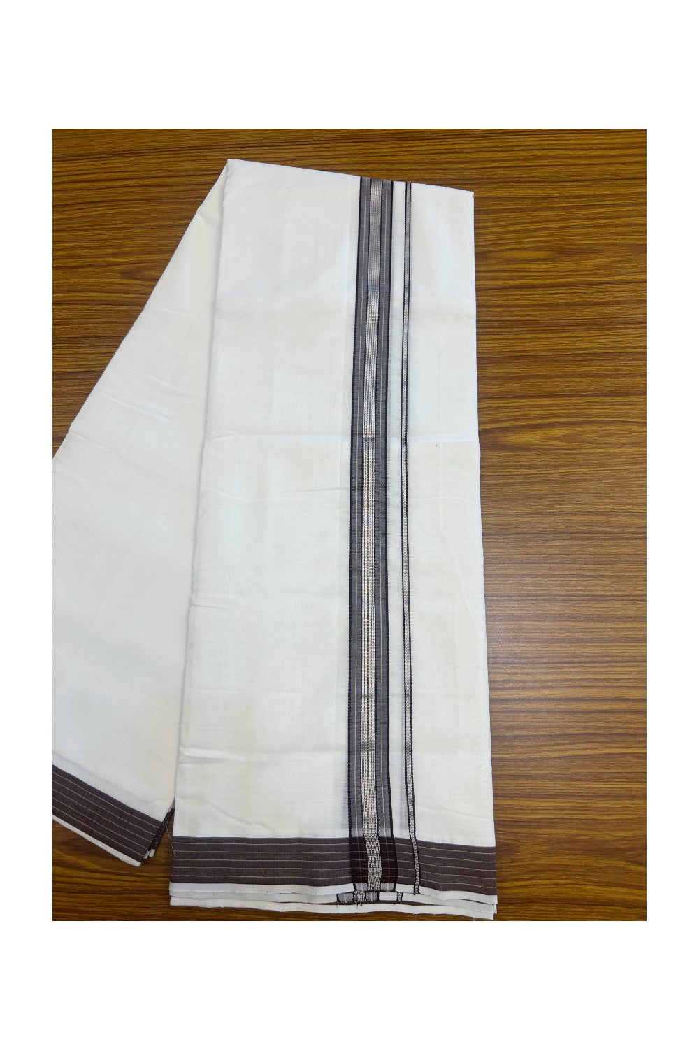 25% Discount! NEW ULTRA PURE WHITE HANDLOOM Balaramapuram - 100% Mercerised Cotton Double Mundu/Dhoti - 120(Twisted) x 80 - 1.25 inch Silver Kasavu Chocolate Brown shaded Sand brown striped Kara - 36KK5167REA