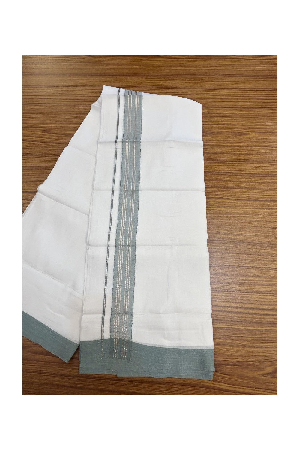 Linen Dhoti NEW! 20% Discount from Kaitharikada.com - Double Mundu/Dhoti 80x90 Thread PURE WHITE - Pure Cotton + Linen -1.75 Inch Sea Green & Silver Striped Kara - 35KK5174THI