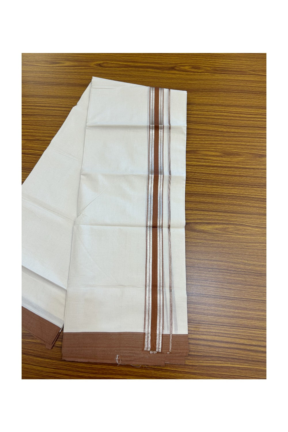 20% DISCOUNT !! KaithariKada Balaramapuram 100% Pure Cotton Double Off white - (Unbleached) Mundu/Dhoti-100x100 - 1.5 inch Puliyilakkara Silver Kasavu Brown Shaded Stripes Kara - 34KK5186CKS