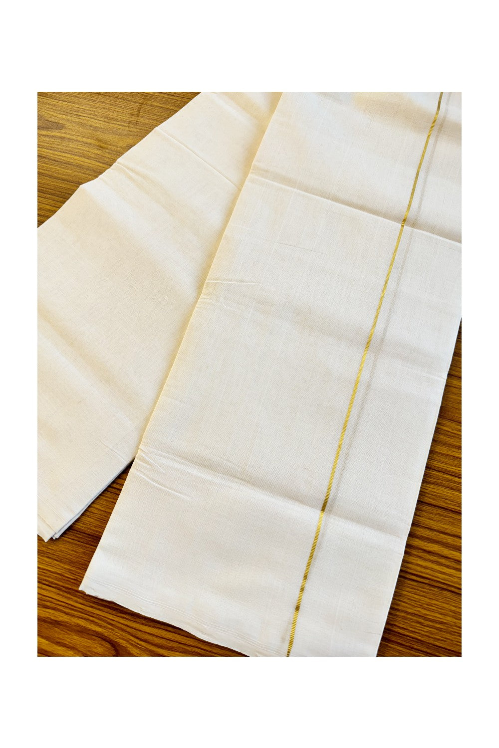 30% DISCOUNT!! KaithariKada HANDLOOM Unakkupaavu Balaramapuram - 100% PURE Cotton OFF White (Unbleached) Double Mundu/Dothi - GOLD  KASAVU 0.3 cm Kara- KK46SOM-35.