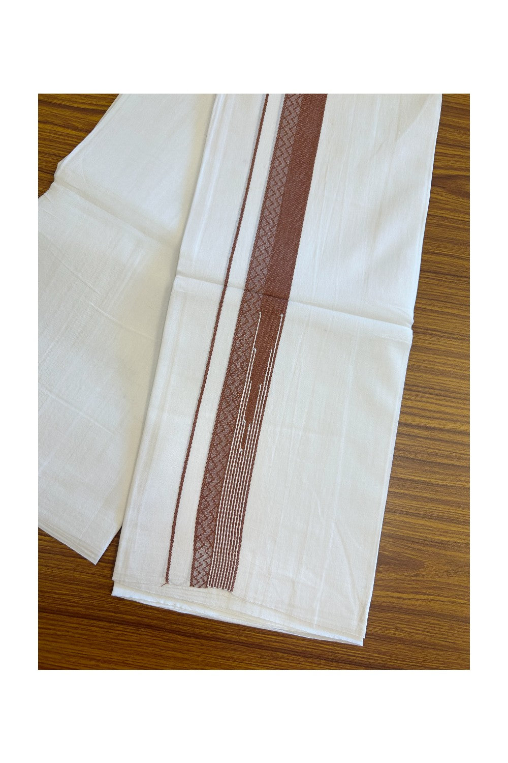 20% DISCOUNT!! Kaitharikada Balaramapuram 100% Cotton PURE WHITE Double Mundu/Dothi - 80X90 - 1.5 Inch Walnut Brown design Kara 3.70 m (8 Muzham) - 54KK5115THI
