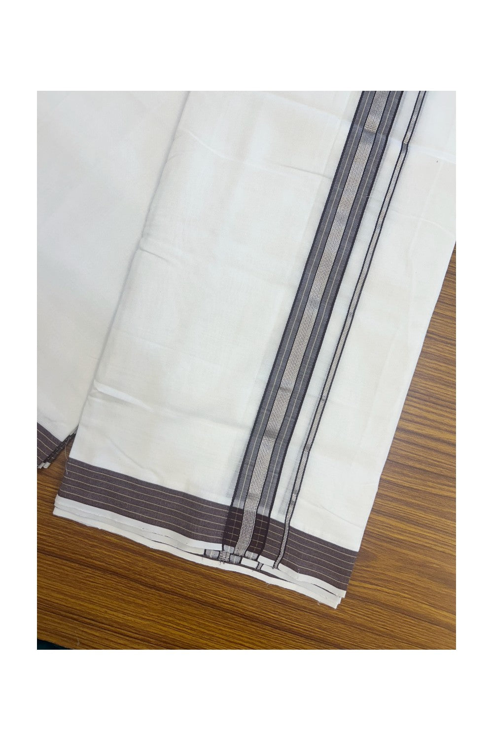 25% Discount! NEW ULTRA PURE WHITE HANDLOOM Balaramapuram - 100% Mercerised Cotton Double Mundu/Dhoti - 120(Twisted) x 80 - 1.25 inch Silver Kasavu Chocolate Brown shaded Sand brown striped Kara - 36KK5167REA