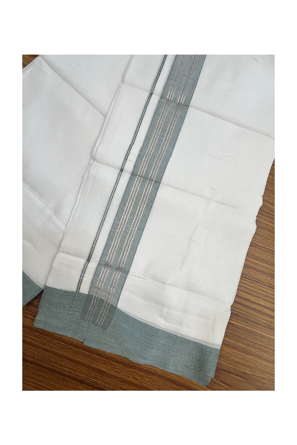 Linen Dhoti NEW! 20% Discount from Kaitharikada.com - Double Mundu/Dhoti 80x90 Thread PURE WHITE - Pure Cotton + Linen -1.75 Inch Sea Green & Silver Striped Kara - 35KK5174THI