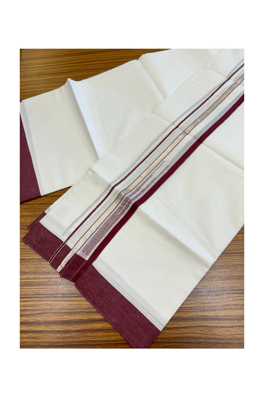 20% Discount ! Kaitharikada Balaramapuram 100% Cotton PURE WHITE Double Mundu/Dothi - 100x80 - 1.5 inch Silver Kasavu & Light Maroon Striped chutty kara - 35KK5183VIN