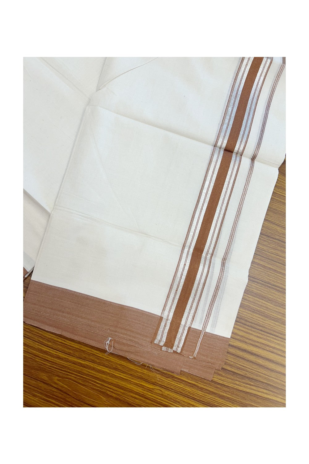 20% DISCOUNT !! KaithariKada Balaramapuram 100% Pure Cotton Double Off white - (Unbleached) Mundu/Dhoti-100x100 - 1.5 inch Puliyilakkara Silver Kasavu Brown Shaded Stripes Kara - 34KK5186CKS