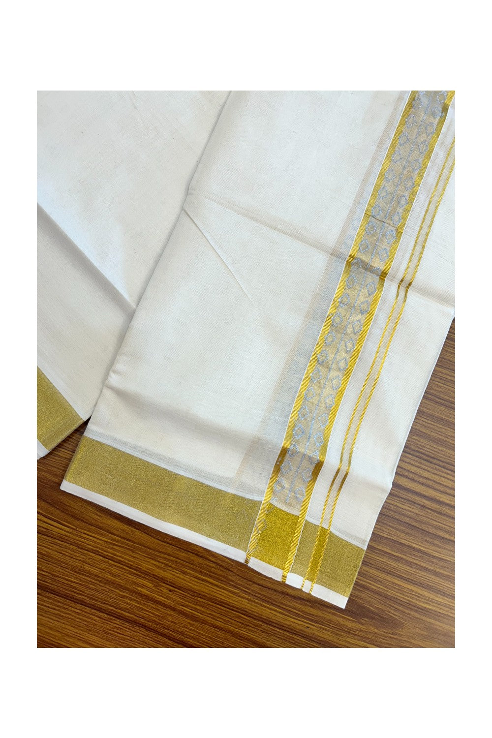 22% Discount!! KaithariKada Balaramapuram 100% Cotton DOUBLE OFF WHITE - (Ubleached) Mundu/Dhoti - 80x90 - 1.5 inch Gold Kasavu with Silver Printed Design Kara - 35KK5219 GAN