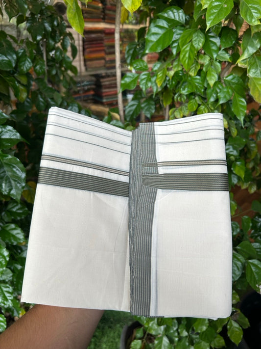 25% DISCOUNT!! KaithariKada HANDLOOM  UNAKKUPAAV Balaramapuram - 100% PURE Cotton OFF White - (Unbleached) Double Mundu/Dothi - 100 x 80 - 0.75 inch Brown Ash Green Side Stripes Kara 4 meter - 36 KK5249 REA