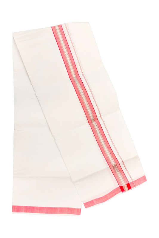 30% OFFER! KaithariKada 100% Cotton Balaramapuram HANDLOOM Single PURE WHITE Mundu/Dhoti - 2 inch (2 meter / 4 muzham) Pinkish Red Silver Kasavu Kara &  Stripes Design - 36KAI.