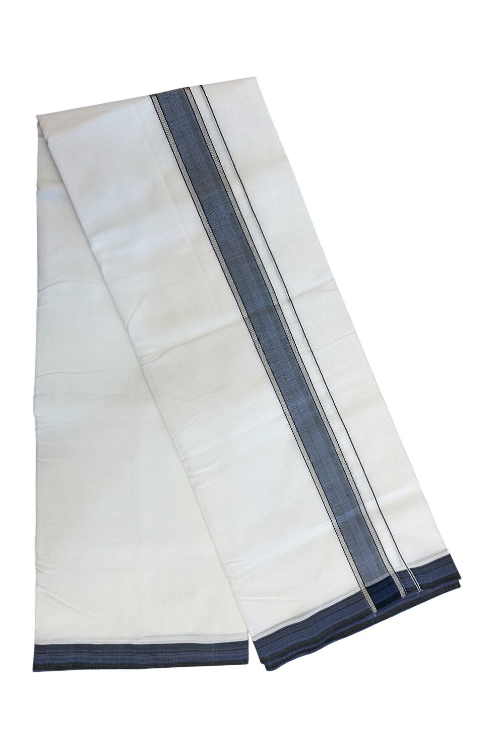 25% Discount! NEW ULTRA PURE WHITE HANDLOOM Balaramapuram - 100% Mercerised Cotton Double Mundu/Dhoti - 120(Twisted) x 80 - 1.75 inch Silver Kasavu Blue & Black shaded stripes Kara - 37KK5167REA