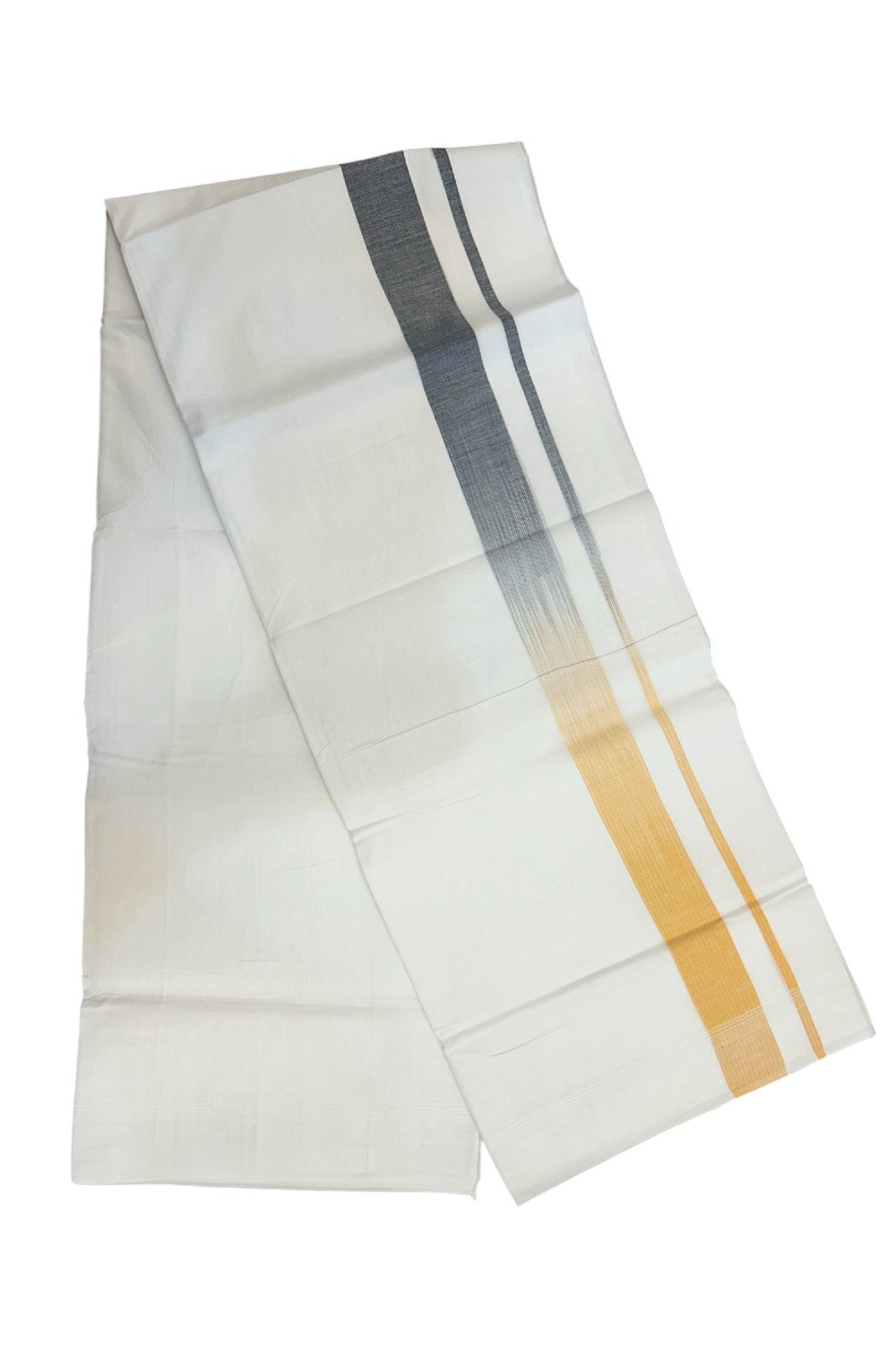 20% Discount!!! KaithariKada Balaramapuram DOUBLE PURE WHITE Mundu/Dhoti - 100X80 - 1.5 inch Black  & Light Orange Striped Designer Kara - 36KK5174THI
