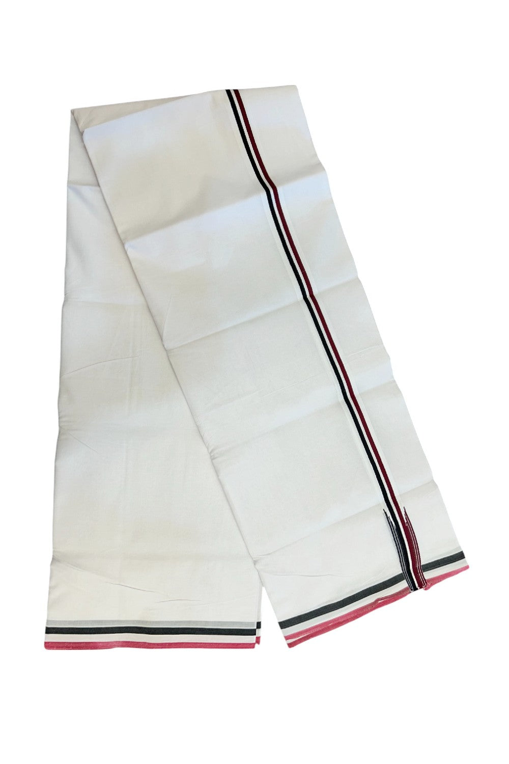 ADMK VESHTI - 20% DISCOUNT! KaithariKada 100% Cotton PURE WHITE Double Mundu/Dhoti - 100X100 - 1.25 inch Black White & Maroon Striped Wings Chutty kara 4 mtr (8.5 muzham)  - 35KK5224 ASH
