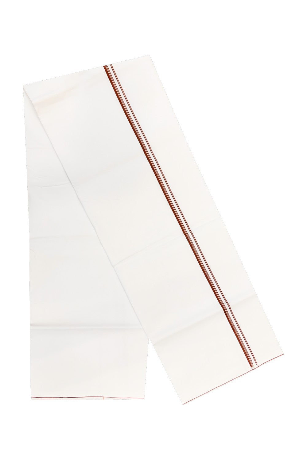 20% OFFER!! KaithariKada 100% Cotton ULTRA WHITE SINGLE Mundu/Dhoti - 120X120 Brown+Maroon Stripes 1.5 cm (2 meter / 4 muzham) Kara- 36sar