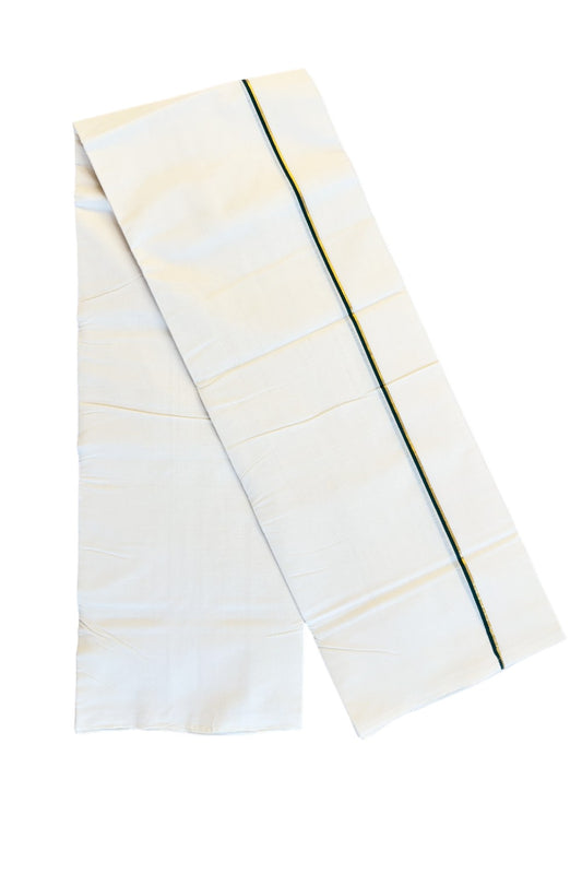 25% DISCOUNT!! KaithariKada HANDLOOM Unakkupaavu Balaramapuram - 100% PURE Cotton OFF White (Unbleached) Double Mundu/Dothi - Dark GREEN KASAVU  STRIPED 2.cm Kara- KK46SOM-36.