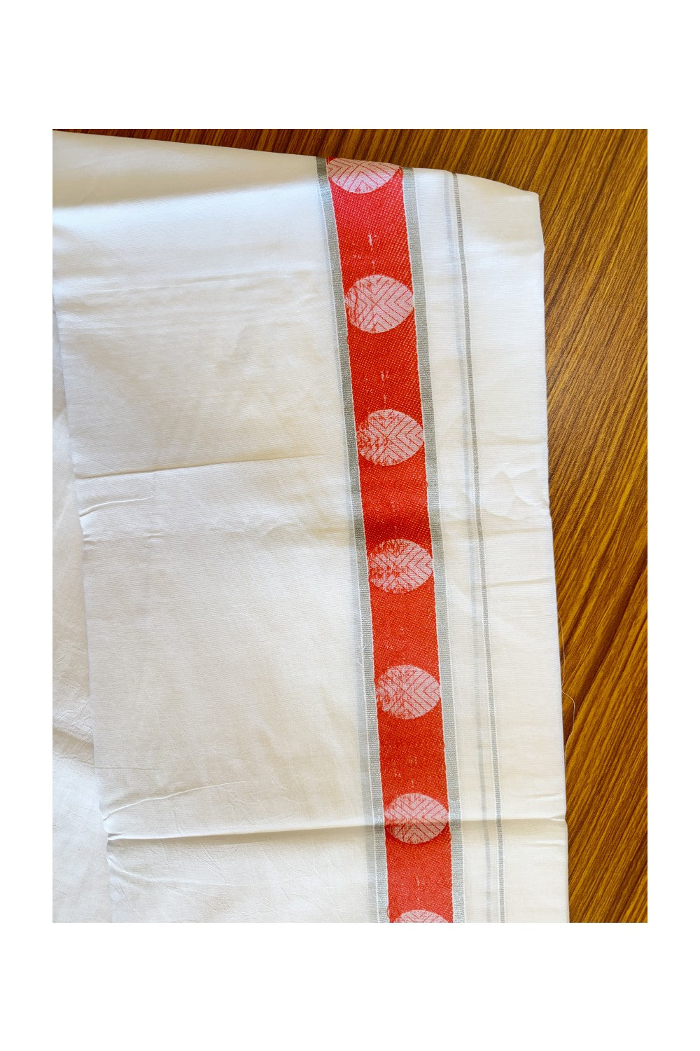 3% DISCOUNT! KaithariKada Balaramapuram 100% Cotton Ultra WHITE Double Mundu/Dhoti-100x80  2.75 Inch Red Silver Kasavu Jacaurd Cotton kara-36KK41VIN