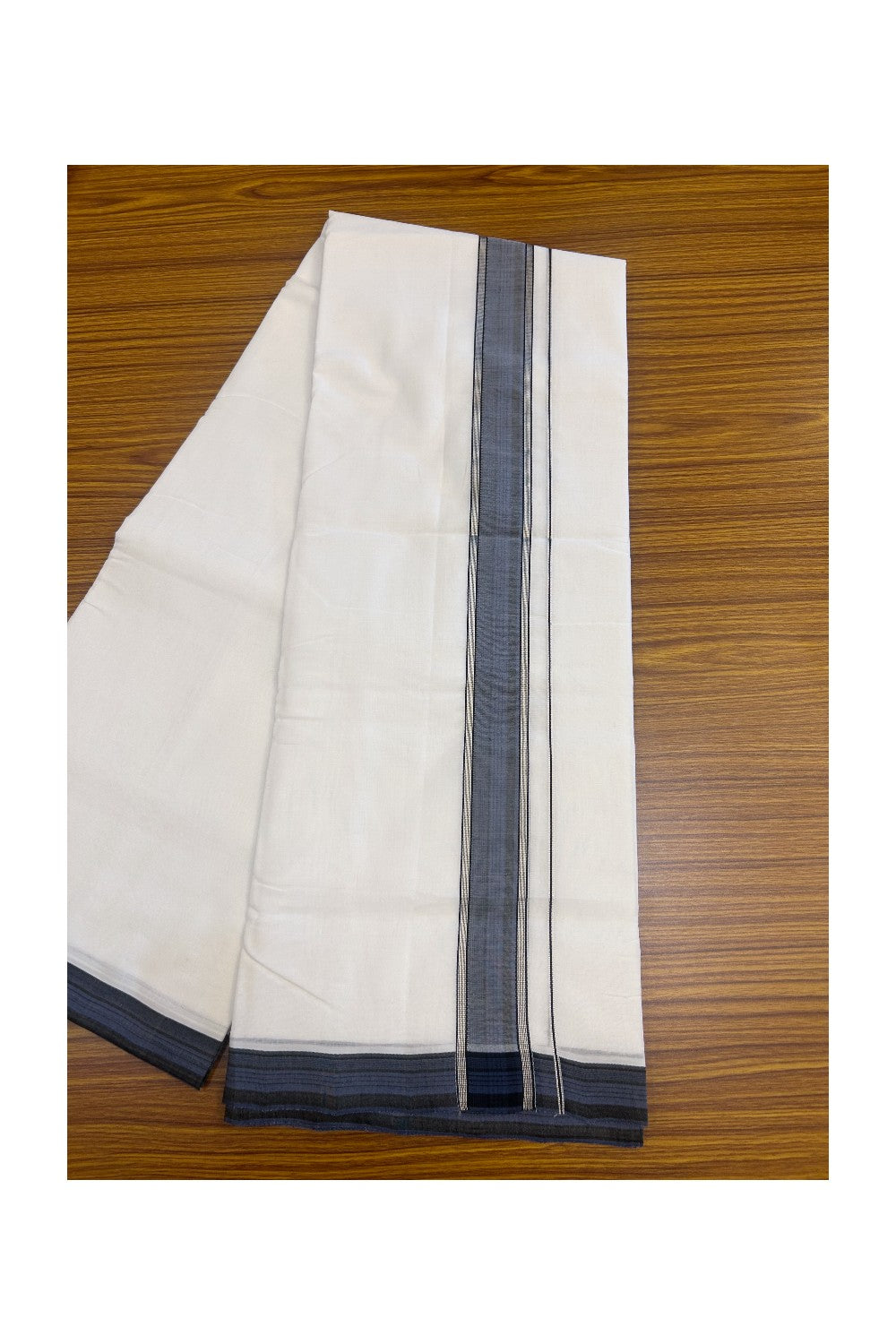 25% Discount! NEW ULTRA PURE WHITE HANDLOOM Balaramapuram - 100% Mercerised Cotton Double Mundu/Dhoti - 120(Twisted) x 80 - 1.75 inch Silver Kasavu Blue & Black shaded stripes Kara - 37KK5167REA
