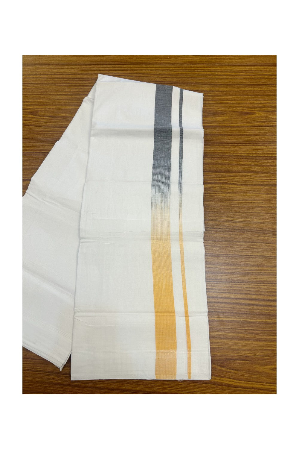 20% Discount!!! KaithariKada Balaramapuram DOUBLE PURE WHITE Mundu/Dhoti - 100X80 - 1.5 inch Black  & Light Orange Striped Designer Kara - 36KK5174THI