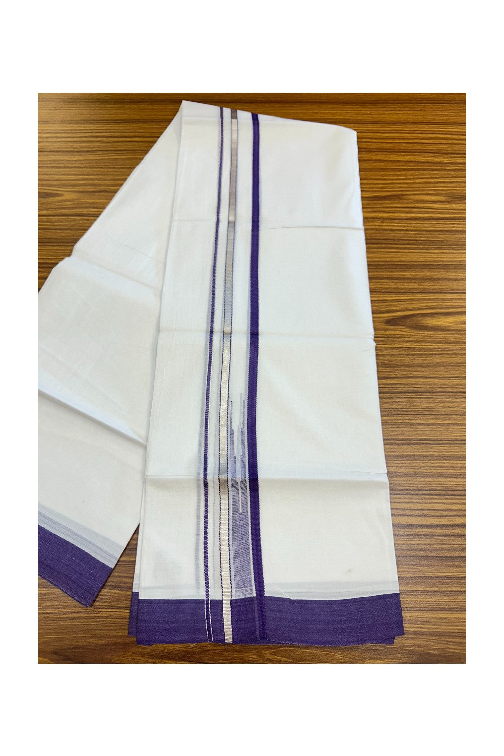 20% Discount ! Kaitharikada Balaramapuram 100% Cotton PURE WHITE Double Mundu/Dothi - 100x80 - 1.5 inch Silver Kasavu & Violet Striped chutty kara - 36KK5183VIN