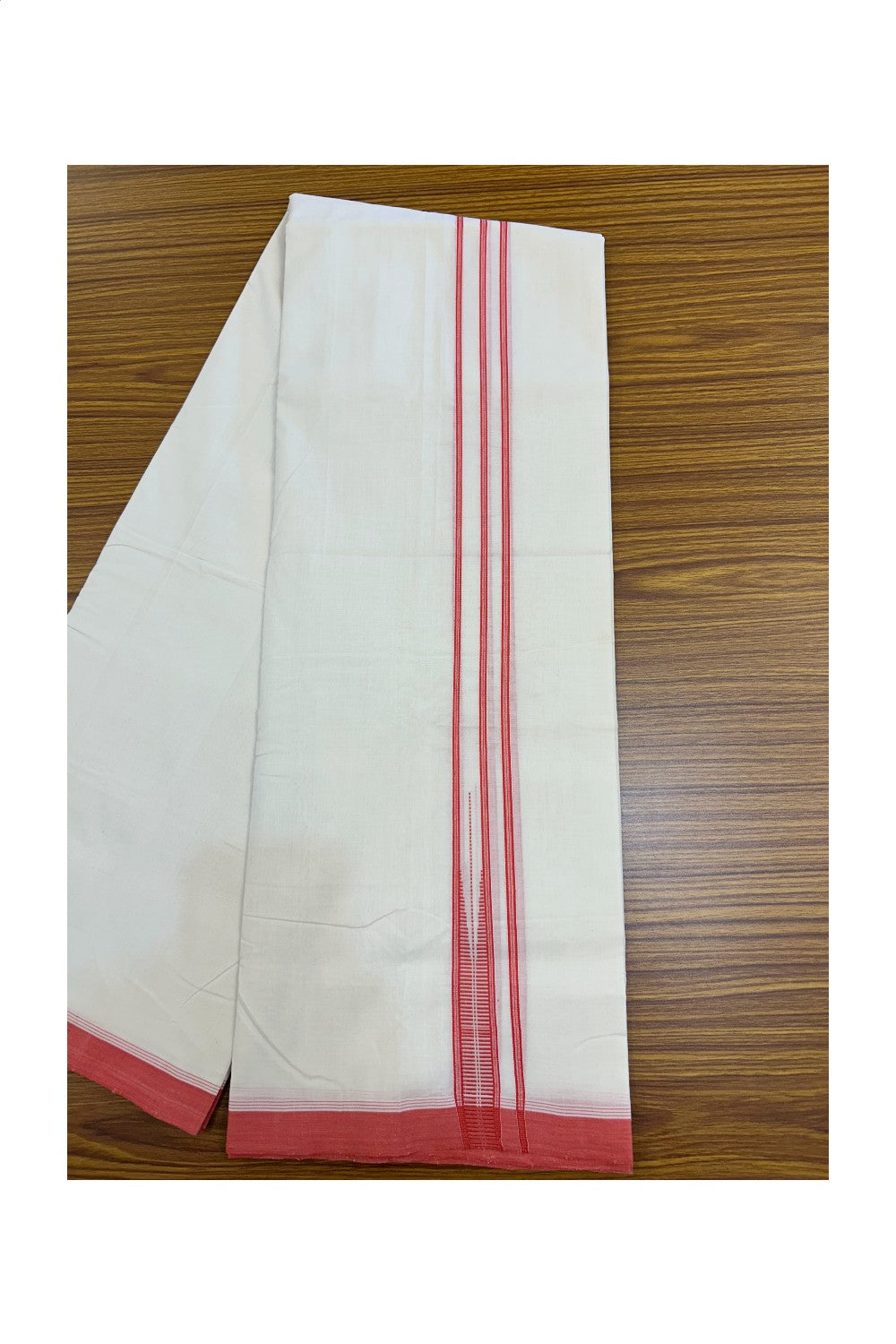 25% DISCOUNT!! KaithariKada HANDLOOM  UNAKKUPAAV Balaramapuram - 100% PURE Cotton OFF White - (Unbleached) Double Mundu/Dothi - 80X100 - 1 inch Puliyilakkara Reddish Peach Striped Chutty Kara 3.80 meter (8.5 Muzham) - 36KK5209 REA