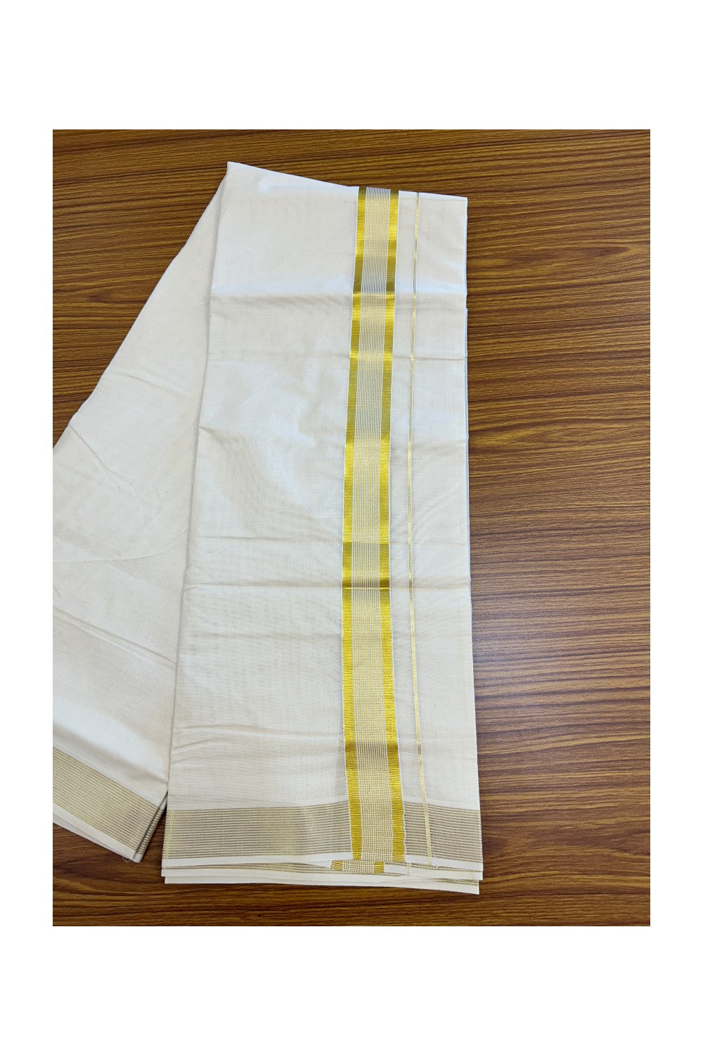 20% Discount !! KaithariKada Balaramapuram 100% Cotton Double Off white - (Unbleached) Mundu/Dhoti - 80x90 - 1.5 inch Kasavu Stripes Kara - 36KK5212 VIN