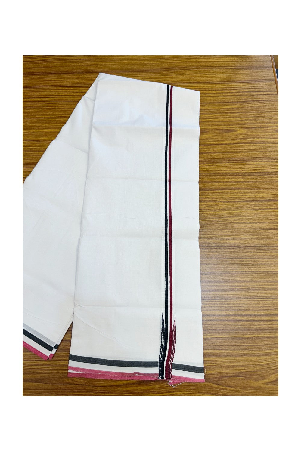 ADMK VESHTI - 20% DISCOUNT! KaithariKada 100% Cotton PURE WHITE Double Mundu/Dhoti - 100X100 - 1.25 inch Black White & Maroon Striped Wings Chutty kara 4 mtr (8.5 muzham)  - 35KK5224 ASH