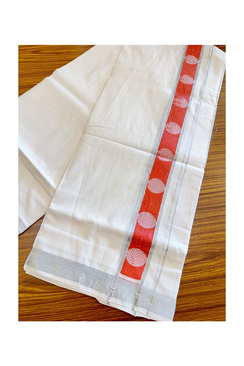 3% DISCOUNT! KaithariKada Balaramapuram 100% Cotton Ultra WHITE Double Mundu/Dhoti-100x80  2.75 Inch Red Silver Kasavu Jacaurd Cotton kara-36KK41VIN