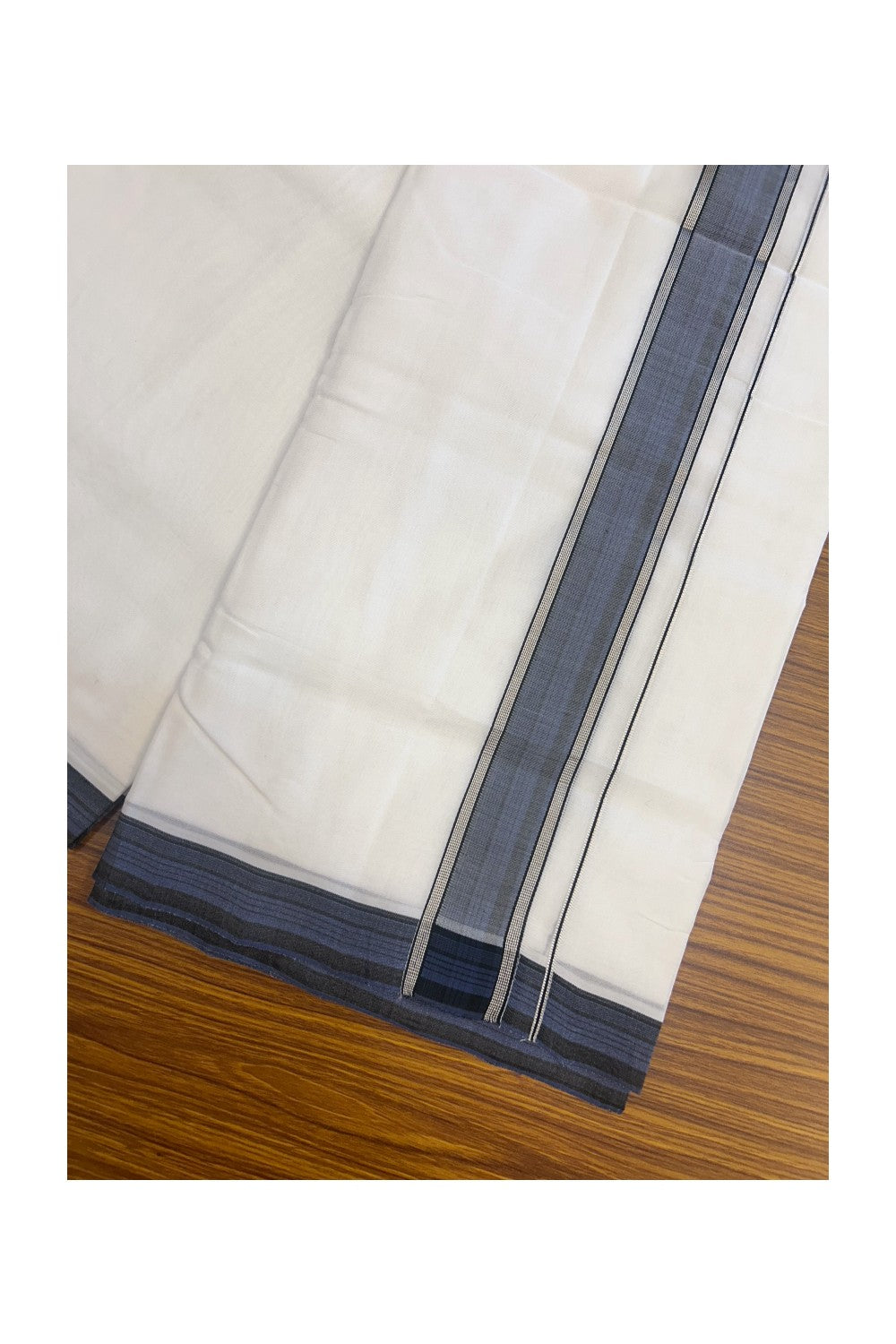 25% Discount! NEW ULTRA PURE WHITE HANDLOOM Balaramapuram - 100% Mercerised Cotton Double Mundu/Dhoti - 120(Twisted) x 80 - 1.75 inch Silver Kasavu Blue & Black shaded stripes Kara - 37KK5167REA