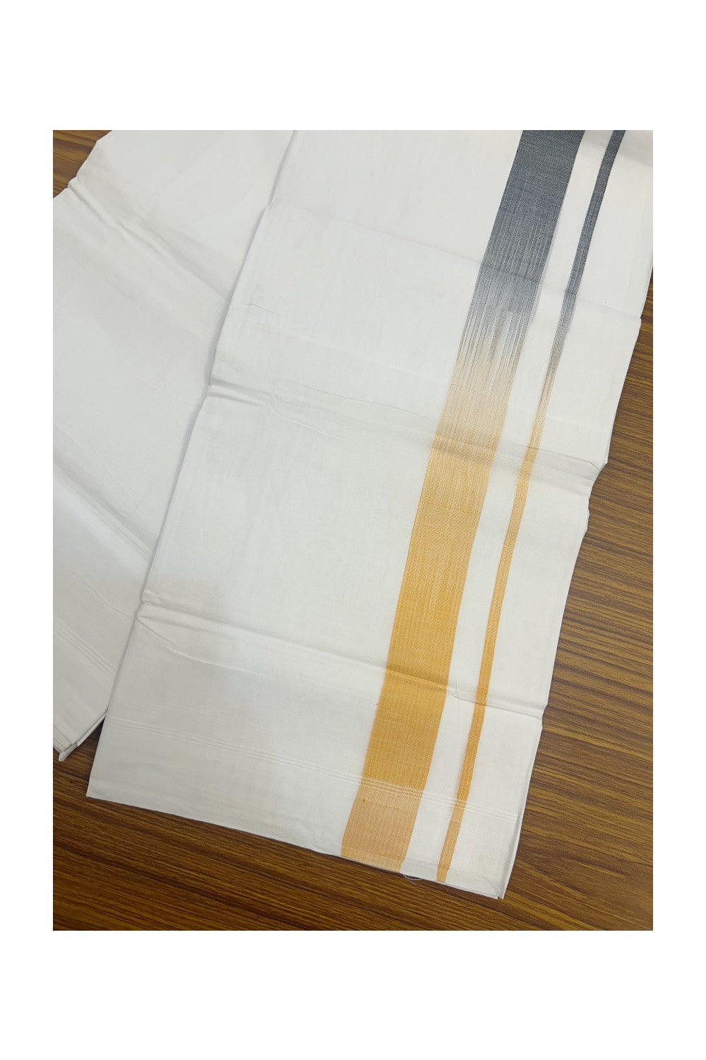 20% Discount!!! KaithariKada Balaramapuram DOUBLE PURE WHITE Mundu/Dhoti - 100X80 - 1.5 inch Black  & Light Orange Striped Designer Kara - 36KK5174THI