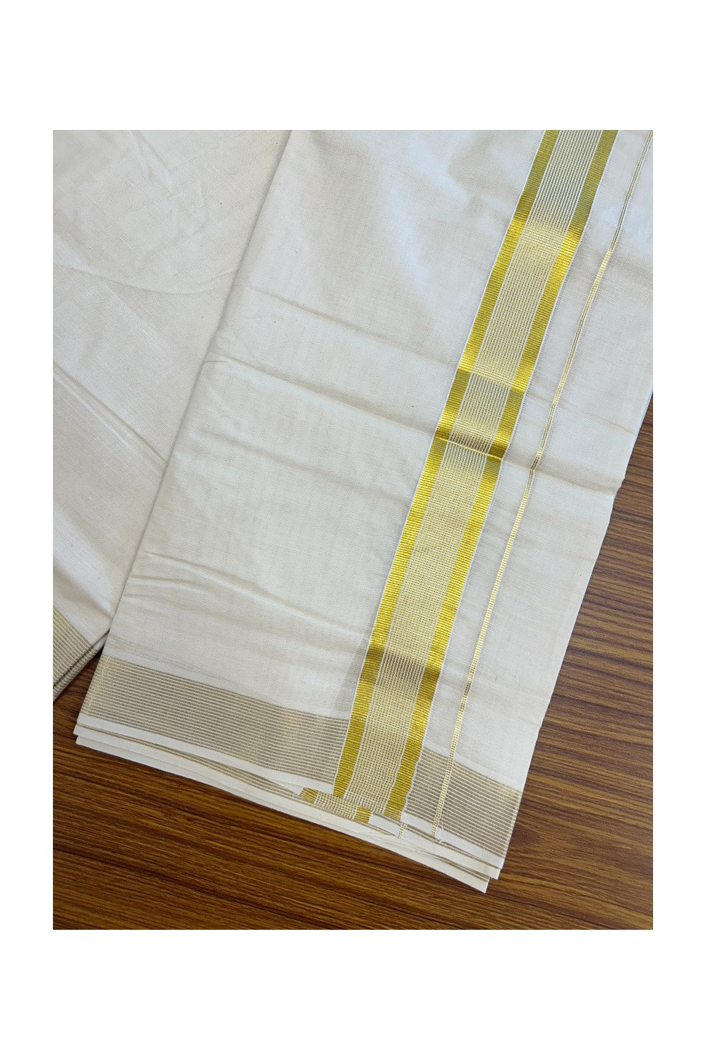 20% Discount !! KaithariKada Balaramapuram 100% Cotton Double Off white - (Unbleached) Mundu/Dhoti - 80x90 - 1.5 inch Kasavu Stripes Kara - 36KK5212 VIN
