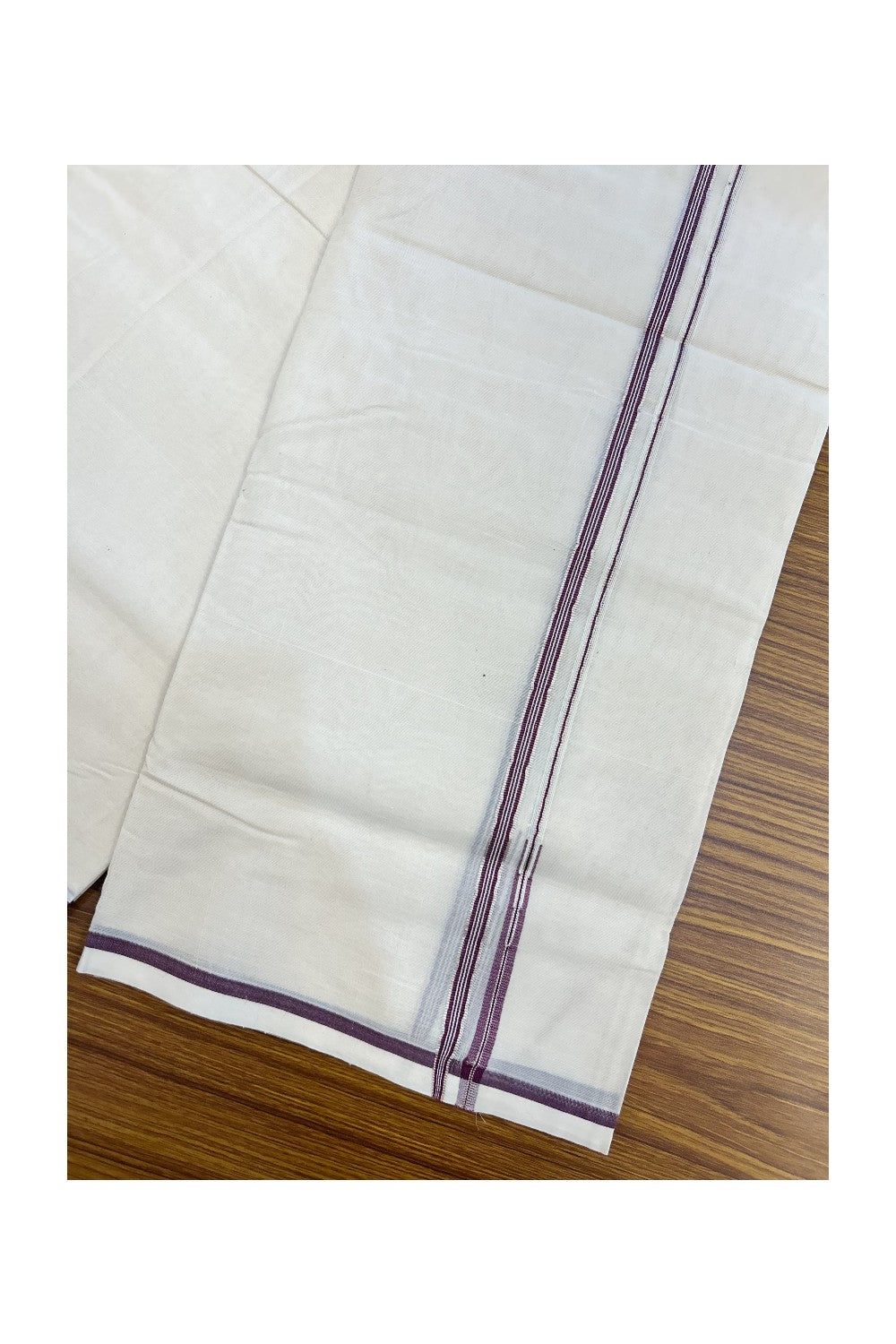 20% Discount ! KaithariKada Balaramapuram 100% Cotton Double Off white - (Unbleached) Mundu/Dhoti-100x100 - 1 cm Puliyilakkara Silver Kasavu & Wine Purple Striped Chutty kara - 36KK5218ASH
