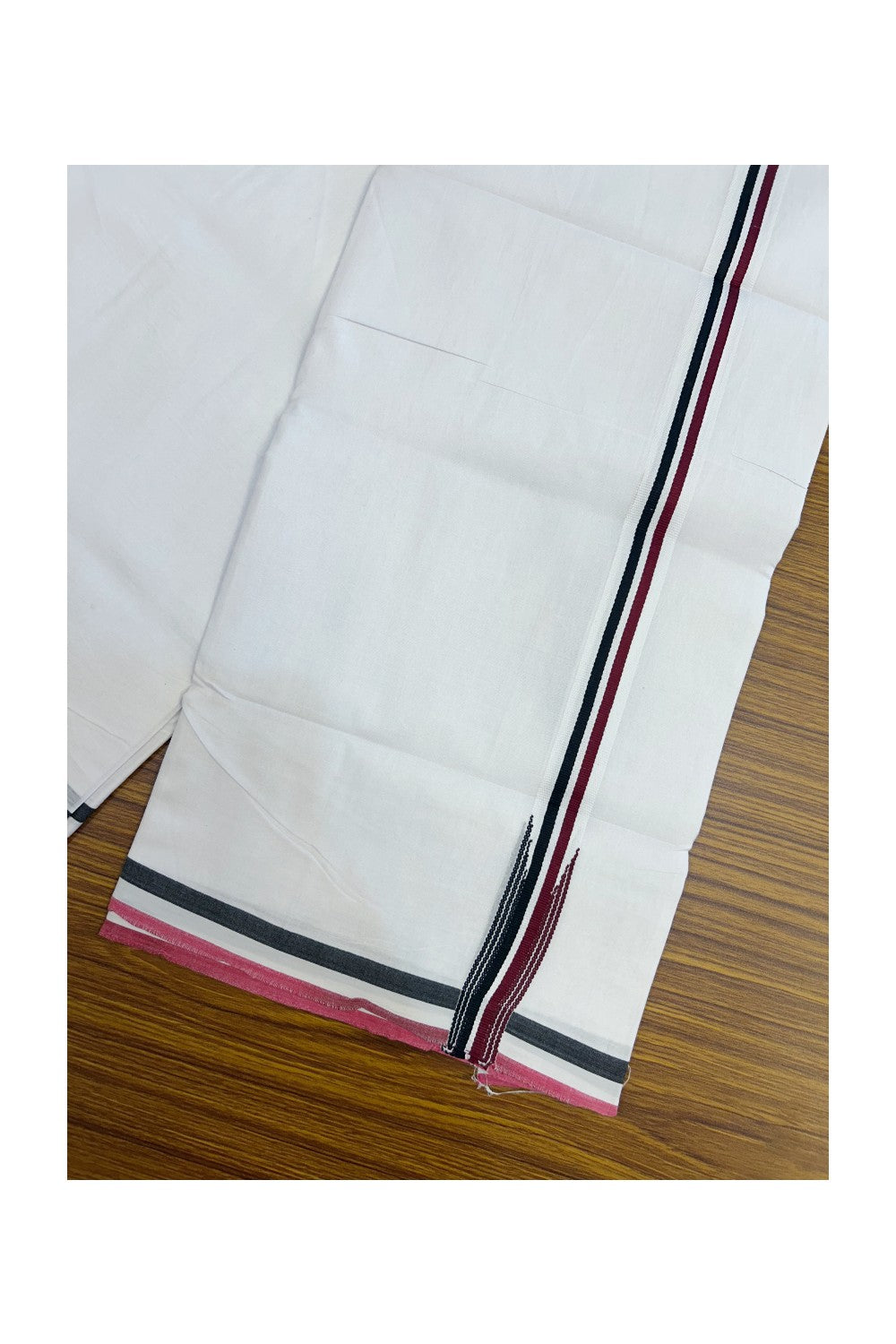 ADMK VESHTI - 20% DISCOUNT! KaithariKada 100% Cotton PURE WHITE Double Mundu/Dhoti - 100X100 - 1.25 inch Black White & Maroon Striped Wings Chutty kara 4 mtr (8.5 muzham)  - 35KK5224 ASH