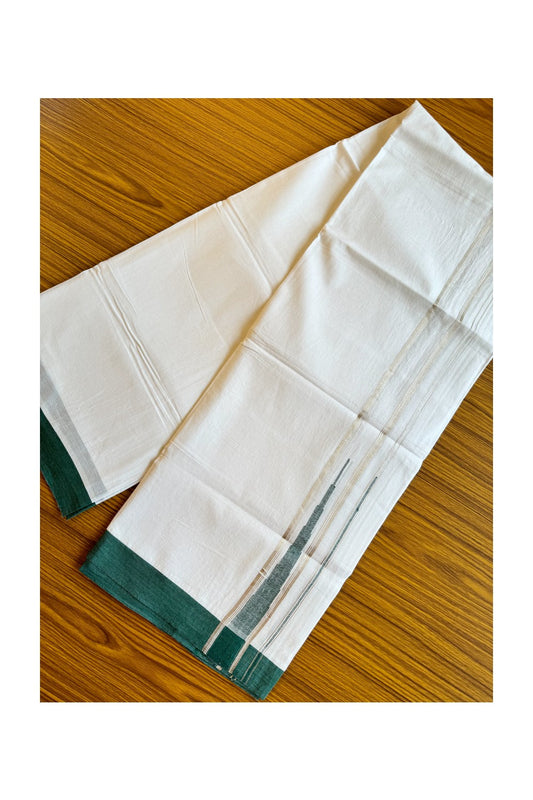 21% DISCOUNT!! Kaitharikada Balaramapuram 100% Cotton PURE WHITE Double Mundu/Dothi-100x100 Puliyilakkara CHUTTY 1.75 Inch Dark Green & SILVER STRIPED Cotton Kara - 37KK424CEE