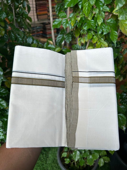 25% DISCOUNT!! KaithariKada HANDLOOM  UNAKKUPAAV Balaramapuram - 100% PURE Cotton OFF White - (Unbleached) Double Mundu/Dothi - 100 x 80 - 0.5 inch Sand Yellow Black 3.80 meter (8.5 mulam) - 37 KK5249 REA