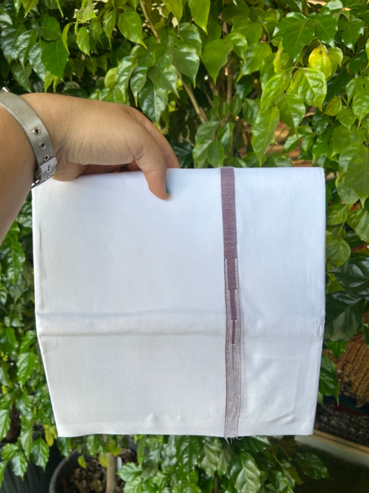20% DISCOUNT!! NEW!! KaithariKada Balaramapuram 100% Cotton PURE WHITE Double Mundu/Dhoti - (100x80)s - 0.5 inch Dark Magenta Kara chutty - 37 KK5249 VIN