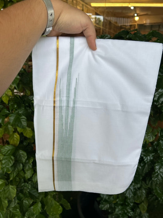 24% Discount! KaithariKada Balaramapuram 100% Cotton Pure white Double Mundu/Dhoti - (100x80)s - 1.5 inch Puliyilakkara Green Stripes Chutty Gold Kasav - 37 KK5258 THI