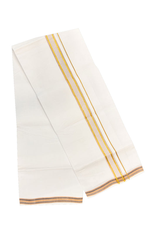 30% OFFER! KaithariKada 100% Cotton Balaramapuram HANDLOOM Single PURE WHITE Mundu/Dhoti - 2 inch (2 meter / 4 muzham) Light Brown Kasavu Kara &  Stripes Design - 37KAI.