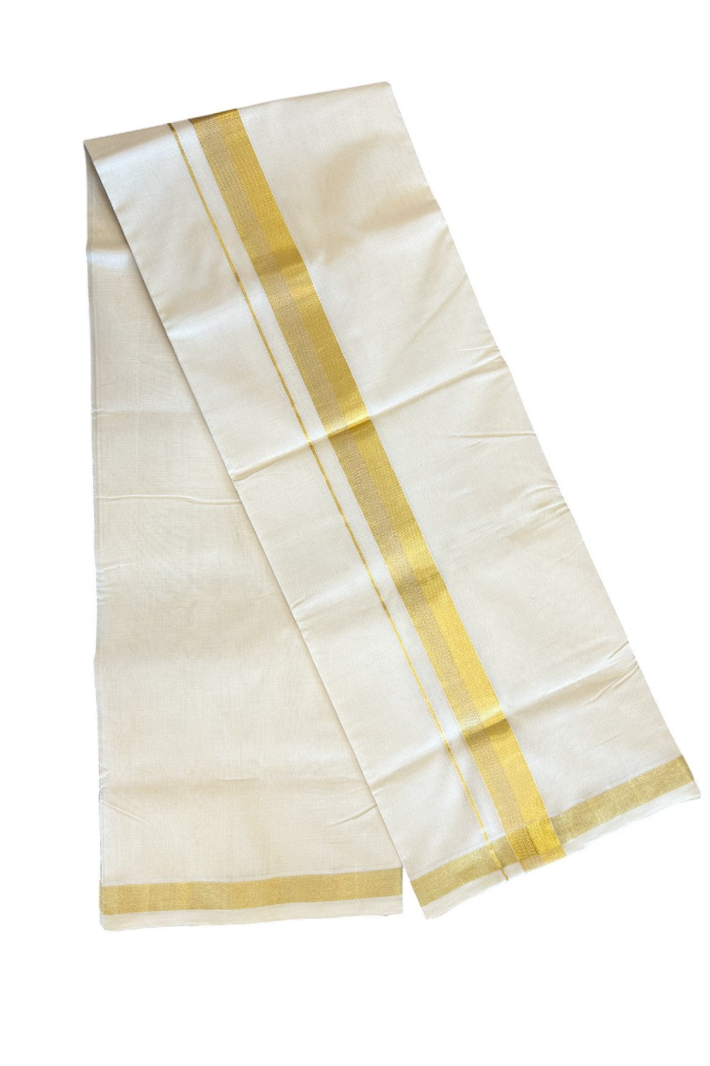 30% DISCOUNT ! KaithariKada HANDLOOM Unakkupaav Balaramapuram - 100% PURE Cotton Off White (Unbleached) Double Mundu/Dhoti - 2.25 INCH KASAVU SIDE STRIPES  KARA - 4KK71RAM