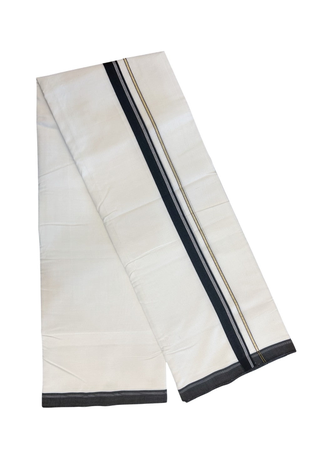 25% Discount! NEW ULTRA PURE WHITE HANDLOOM Balaramapuram - 100% Mercerised Cotton Double Mundu/Dhoti - 120(Twisted) x 80 - 1 inch Pure Kasavu Black & White stripes Kara 3.80 meter (8.5 Muzham) - 43KK5167REA