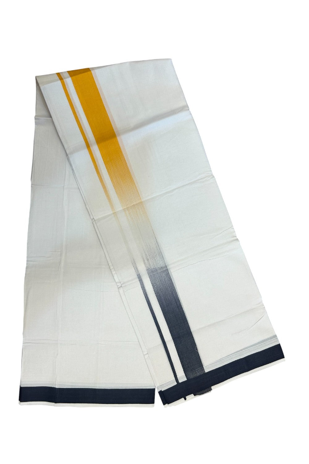 20% Discount!!! KaithariKada Balaramapuram DOUBLE PURE WHITE Mundu/Dhoti - 100X80 - 1.5 inch Navy Blue & Yellow Striped Designer Kara - 37KK5174THI